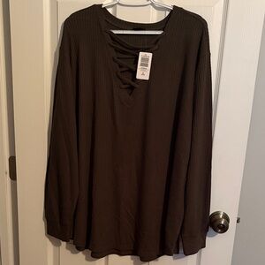 Olive Green Long Sleeve Top with Lace-Up Detail